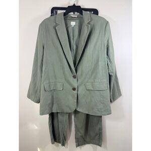 A New Day Linen Blend Pant Suit Womens XL 17 Sage Green Wide Leg Blazer Set